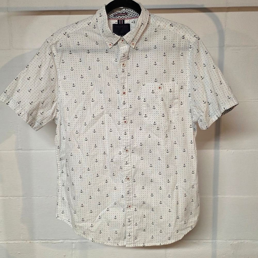Cactus Man Mens Large White Navy Anchor Polka Dot Short Sleeve Button Down Shirt